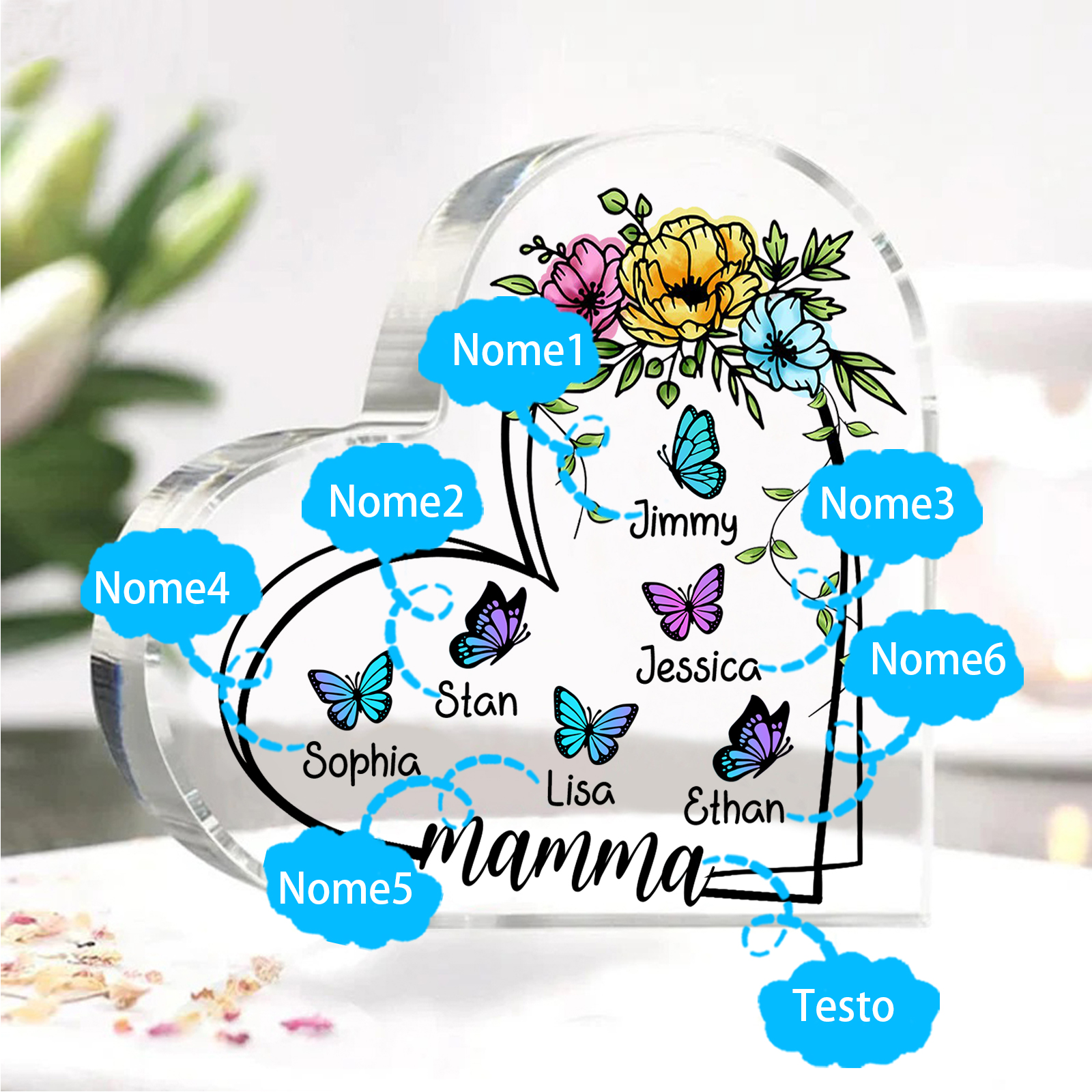 Decorazione Acrilica a Forma di Cuore Personalizzata con Farfalla – 6 Nomi e Testo per Nonna o Mamma | Jessemade