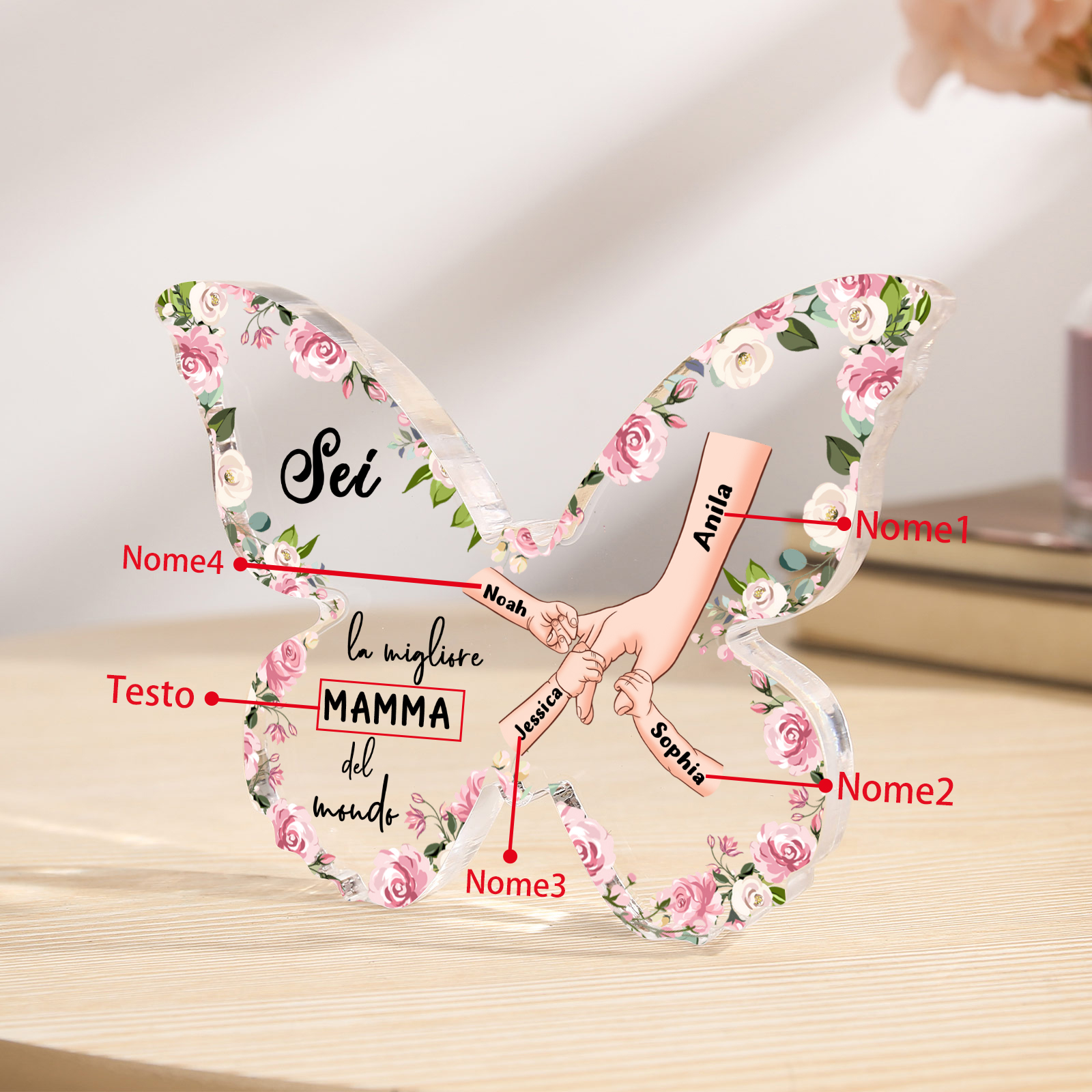 Decorazione Acrilica a Forma di Farfalla Personalizzata – Mano Nella Mano, 4 Nomi e Testo per Nonna o Mamma | Jessemade