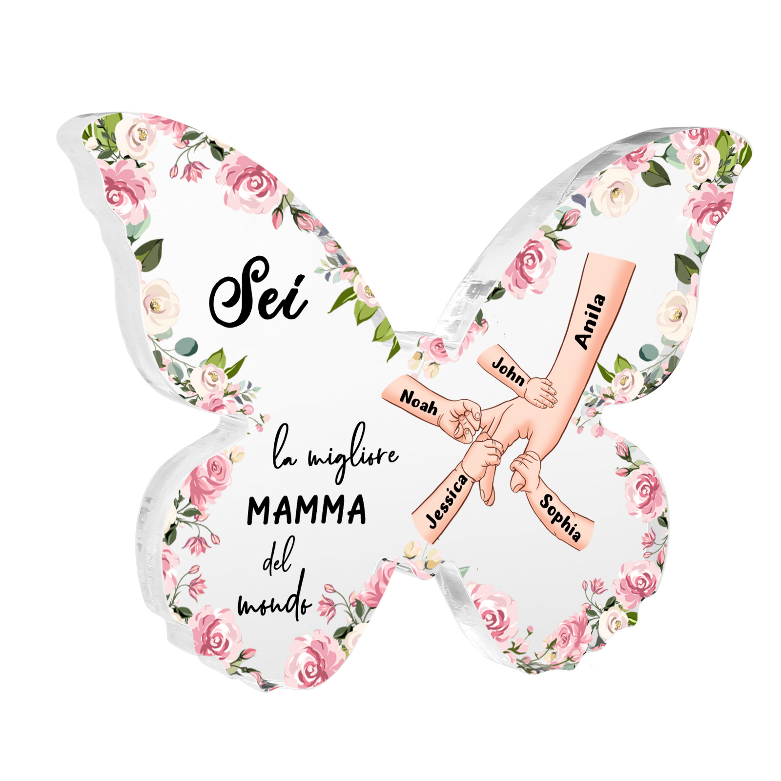 Decorazione Acrilica a Forma di Farfalla Personalizzata – Mano Nella Mano, 5 Nomi e Testo per Nonna o Mamma | Jessemade