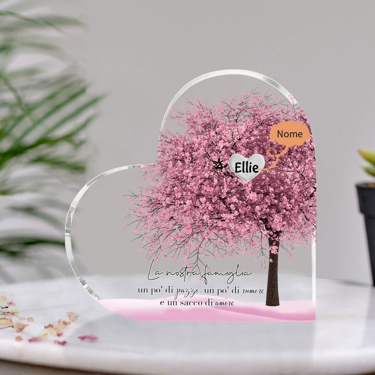 La Nostra Famiglia-Decorazione cuore acrilica con albero di cuore rosa con 1 nome personalizzato