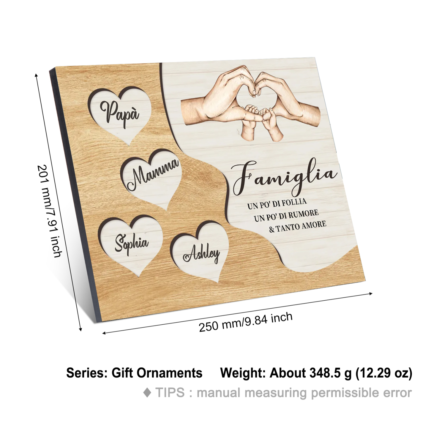 Targa Natalizia Personalizzata con Mani Unite in Legno – Nomi Personalizzati 2-7, Cuore e Famiglia – Regalo di Natale per la Famiglia | Jessemade