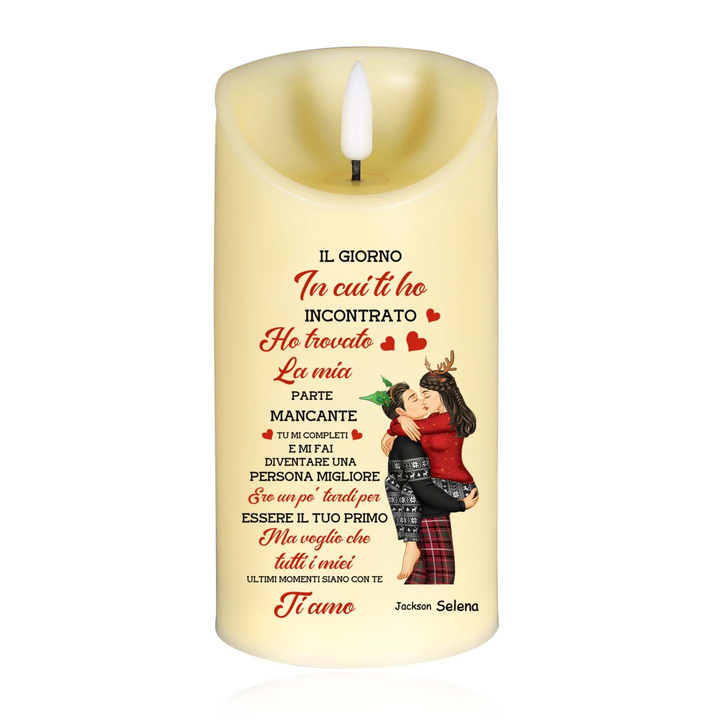 Candela LED Personalizzata con Coppia, 2 Nomi e Messaggio Romantico - "Il Giorno in cui ti ho incontrato ho trovato la mia parte mancante" - Regalo di San Valentino per Lei/Lui | Jessemade