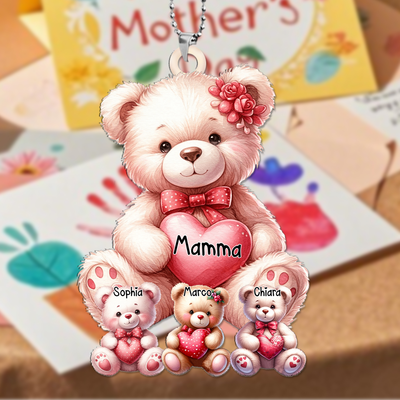 Portachiavi Acrilico Personalizzato con 1-8 Orsetti e Nomi – Regalo Perfetto per la Festa della Mamma