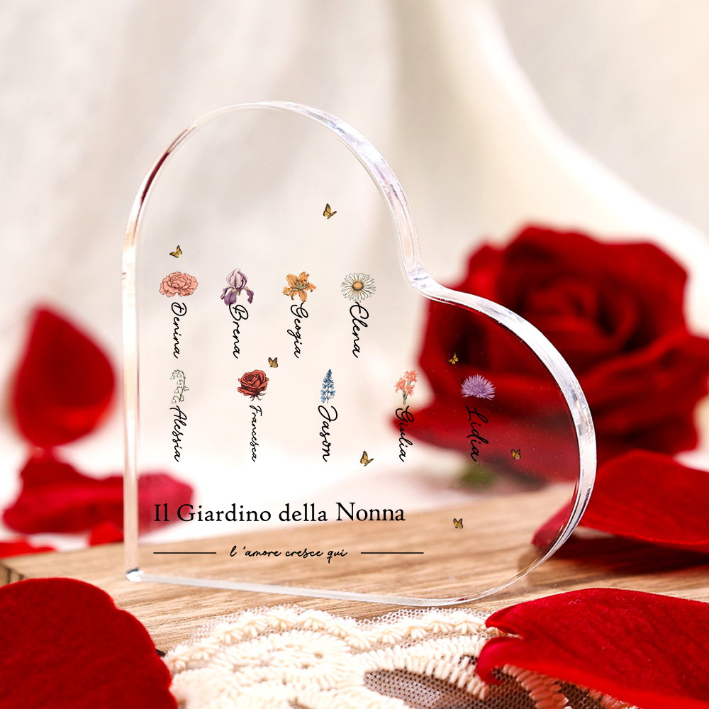 Il giardino della nonna-Decorazione acrilica forma di cuore con fiore di nascita personalizzato per nonna/mamma