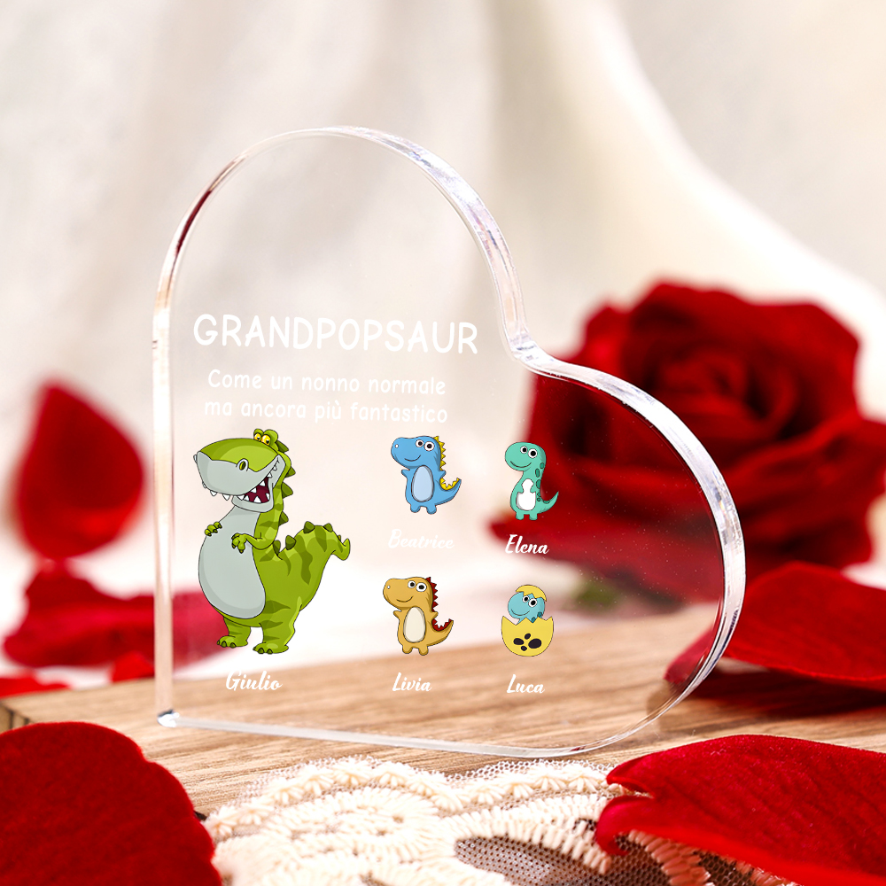 Nonno ancora più fantastico-Decorazione acrilica forma di cuore con immagine di dinosauro personalizzato per nonno