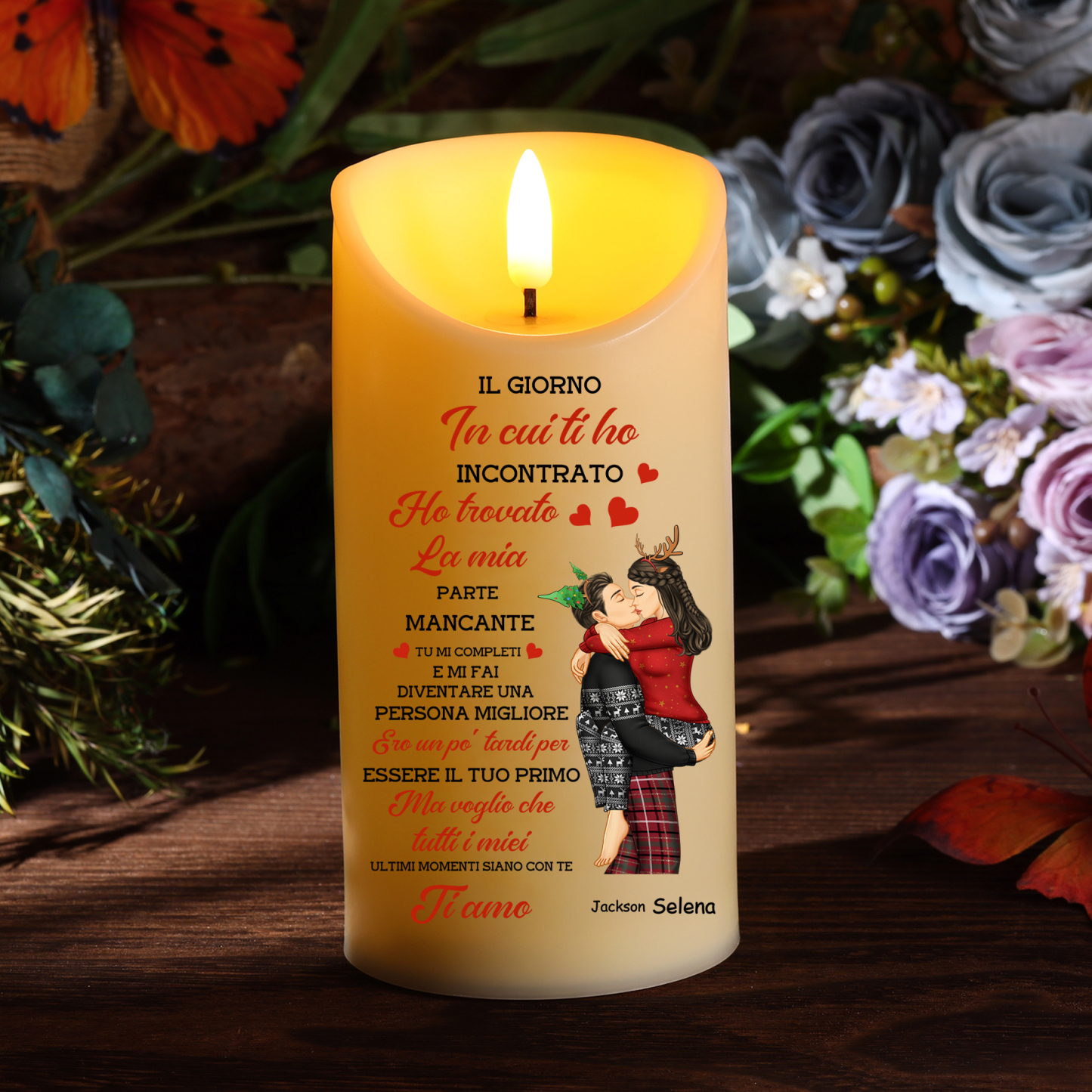 Candela LED Personalizzata con Coppia, 2 Nomi e Messaggio Romantico -