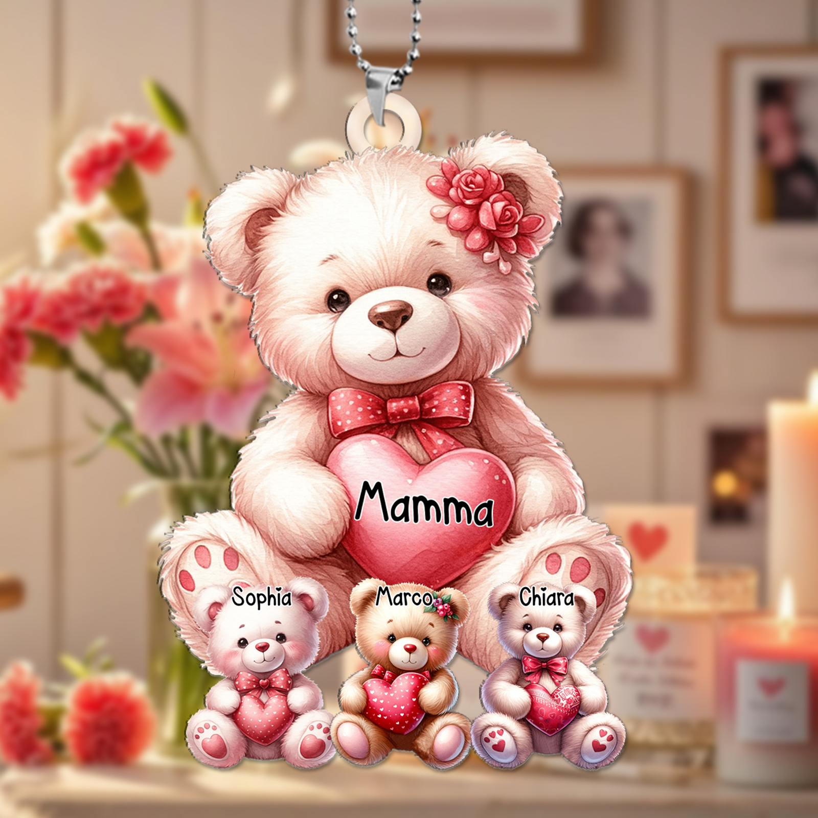 Portachiavi Acrilico Personalizzato con 1-8 Orsetti e Nomi – Regalo Perfetto per la Festa della Mamma