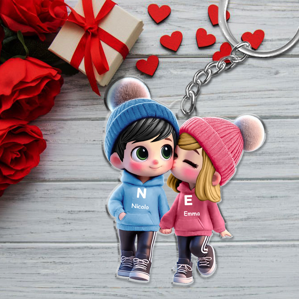 Portachiavi Personalizzato con Coppia Cartoon, 2 Nomi, Iniziali e Personaggi - Regalo di San Valentino per Lei/Lui | Jessemade
