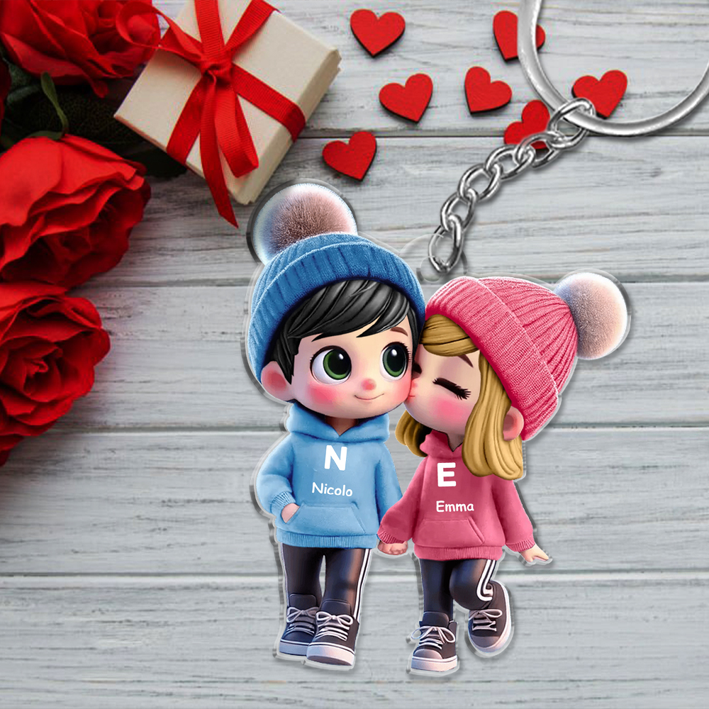 Portachiavi Personalizzato con Coppia Cartoon, 2 Nomi, Iniziali e Personaggi - Regalo di San Valentino per Lei/Lui | Jessemade