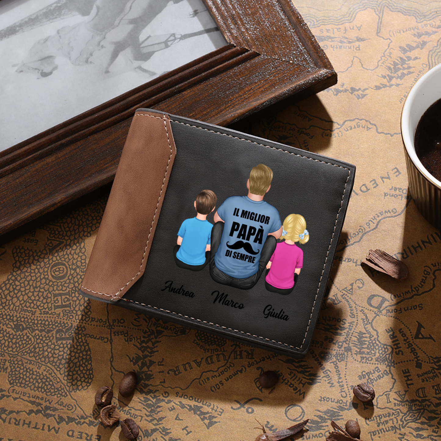 [Copy]Portafoglio in Pelle Nera Personalizzato con 3 Nomi e 1 Foto - Design con Pugno - Regalo Elegante per Papà | Jessemade