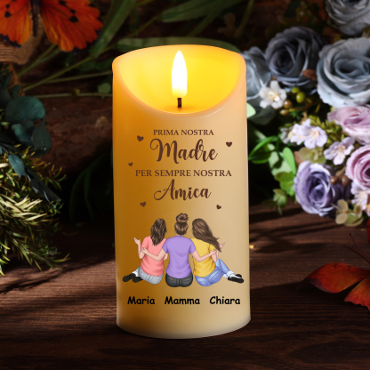 Candela LED Senza Fiamma Personalizzata – 2-4 Nomi e Abbigliamento – Regalo Perfetto per la Festa della Mamma