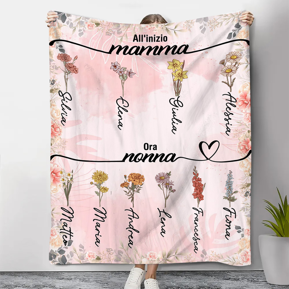 All'inizio Mamma, Ora Nonna-Coperta con fiore di nascita e nome personalizzabili regalo per nonna/mamma