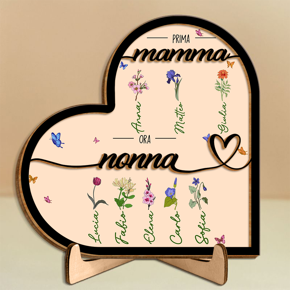 Oggetto decorativo in legno a forma di cuore personalizzabile - Con nome e fiore del mese di nascita - Regalo per la Festa della Mamma