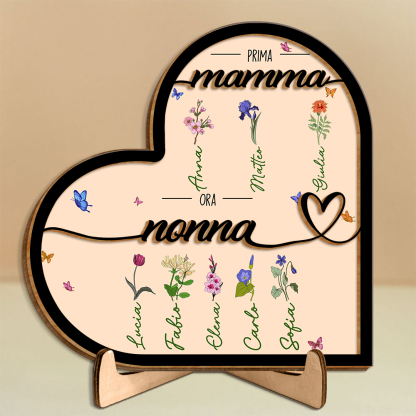 Oggetto decorativo in legno a forma di cuore personalizzabile - Con nome e fiore del mese di nascita - Regalo per la Festa della Mamma