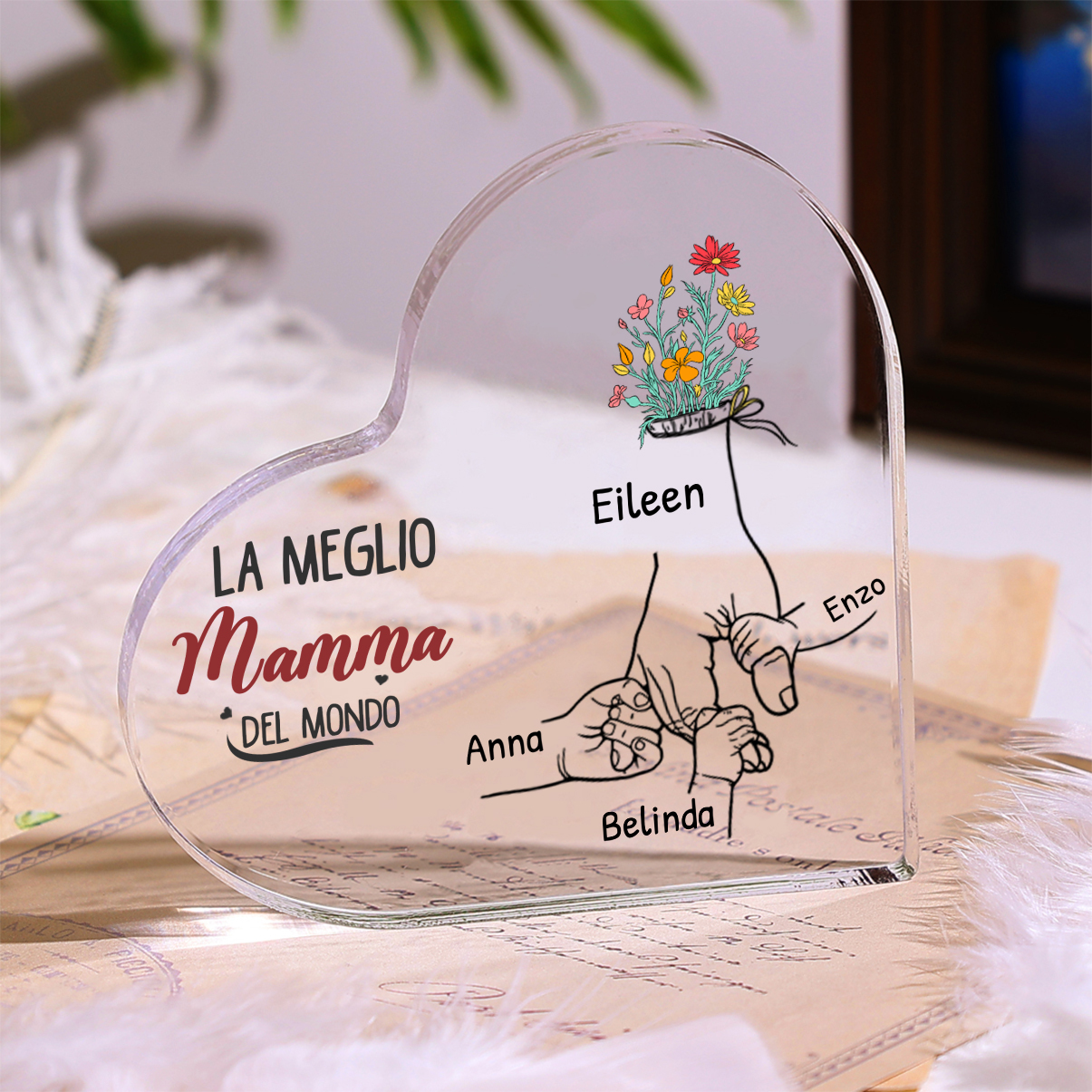 Targa Personalizzata in Acrilico a Forma di Cuore con Albero Genealogico – Con 1-7 Nomi & fiore Personalizzabili - Regalo per la Mamma 