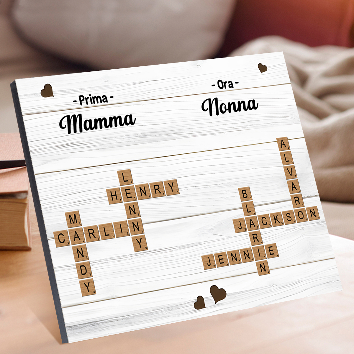 Targa in legno personalizzata, regalo di famiglia con cruciverba, ricordo per la nonna