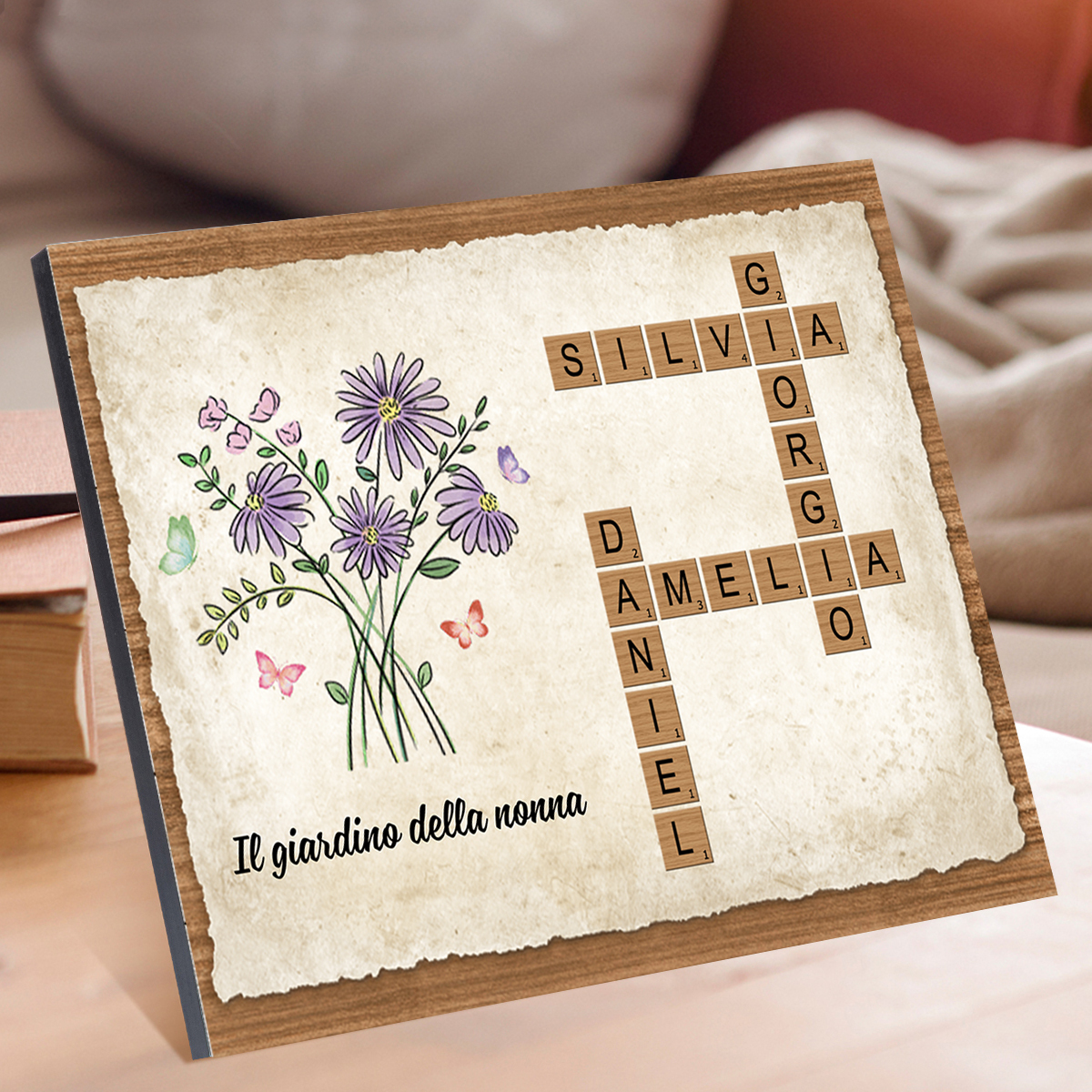 Targa in Legno Personalizzata – Nomi e Fiori di Nascita – Tema Cruciverba – Idea Regalo per la Nonna o Festa della Mamma