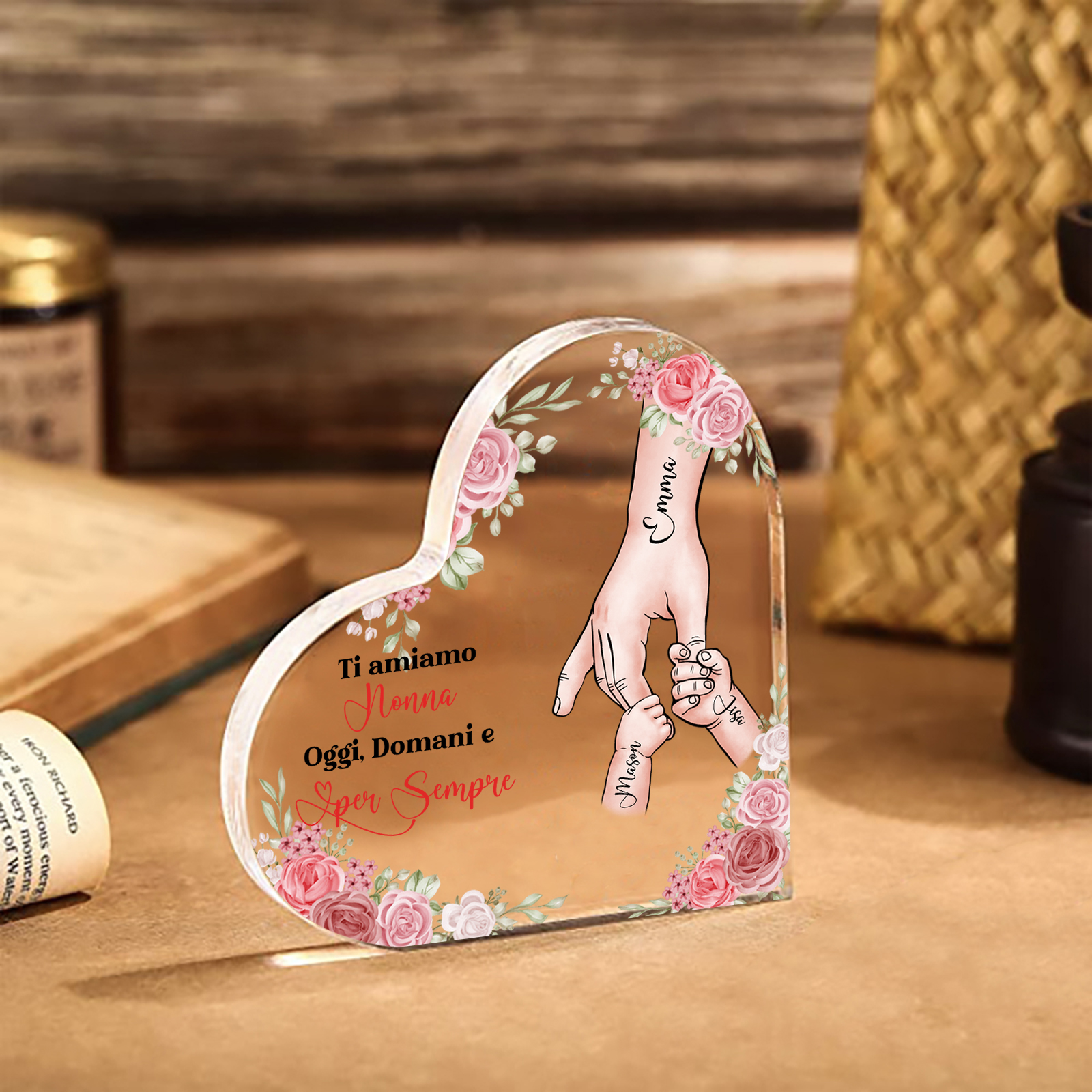 Decorazione Acrilica a Forma di Cuore Mano nella Mano Personalizzata – 3 Nomi e Testo per Nonna o Mamma | Jessemade