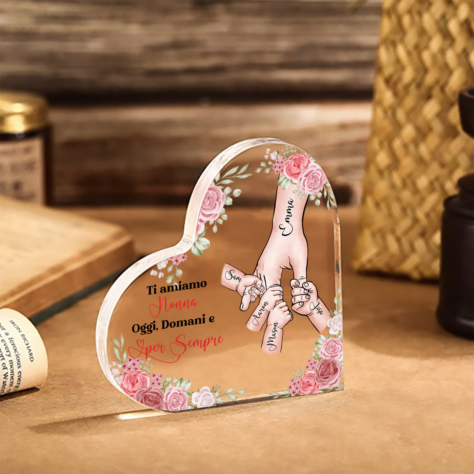 Decorazione Acrilica a Forma di Cuore Mano nella Mano Personalizzata – 5 Nomi e Testo per Nonna o Mamma | Jessemade