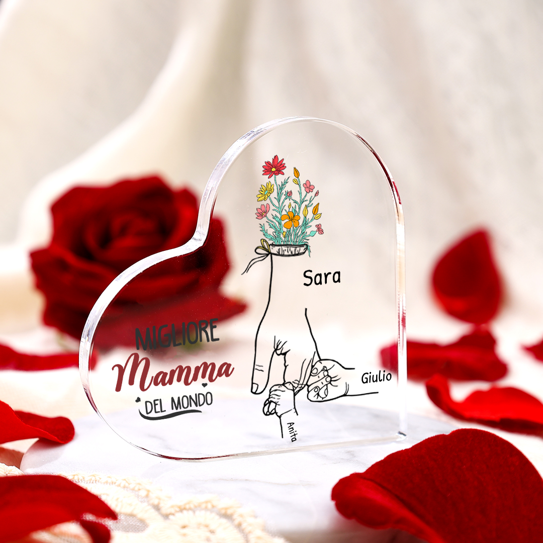 Targa Personalizzata in Acrilico a Forma di Cuore con Albero Genealogico – Con 1-7 Nomi & fiore Personalizzabili - Regalo per la Mamma 
