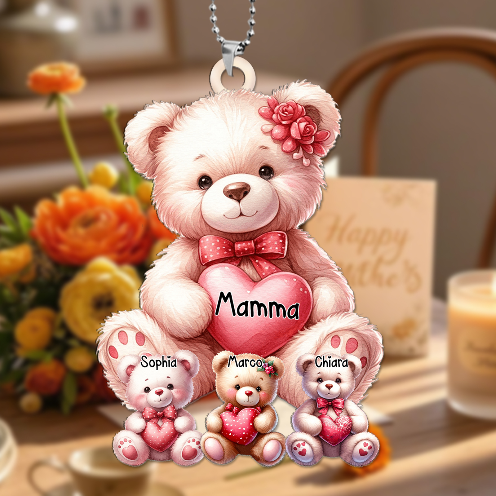 Portachiavi Acrilico Personalizzato con 1-8 Orsetti e Nomi – Regalo Perfetto per la Festa della Mamma