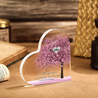 La Nostra Famiglia-Decorazione cuore acrilica con albero di cuore rosa con 1 nome personalizzato