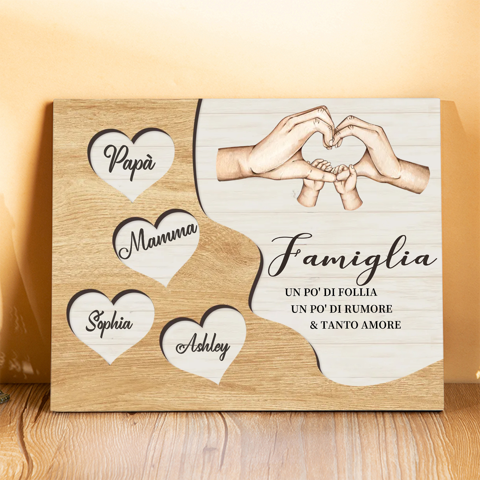 Targa Natalizia Personalizzata con Mani Unite in Legno – Nomi Personalizzati 2-7, Cuore e Famiglia – Regalo di Natale per la Famiglia | Jessemade