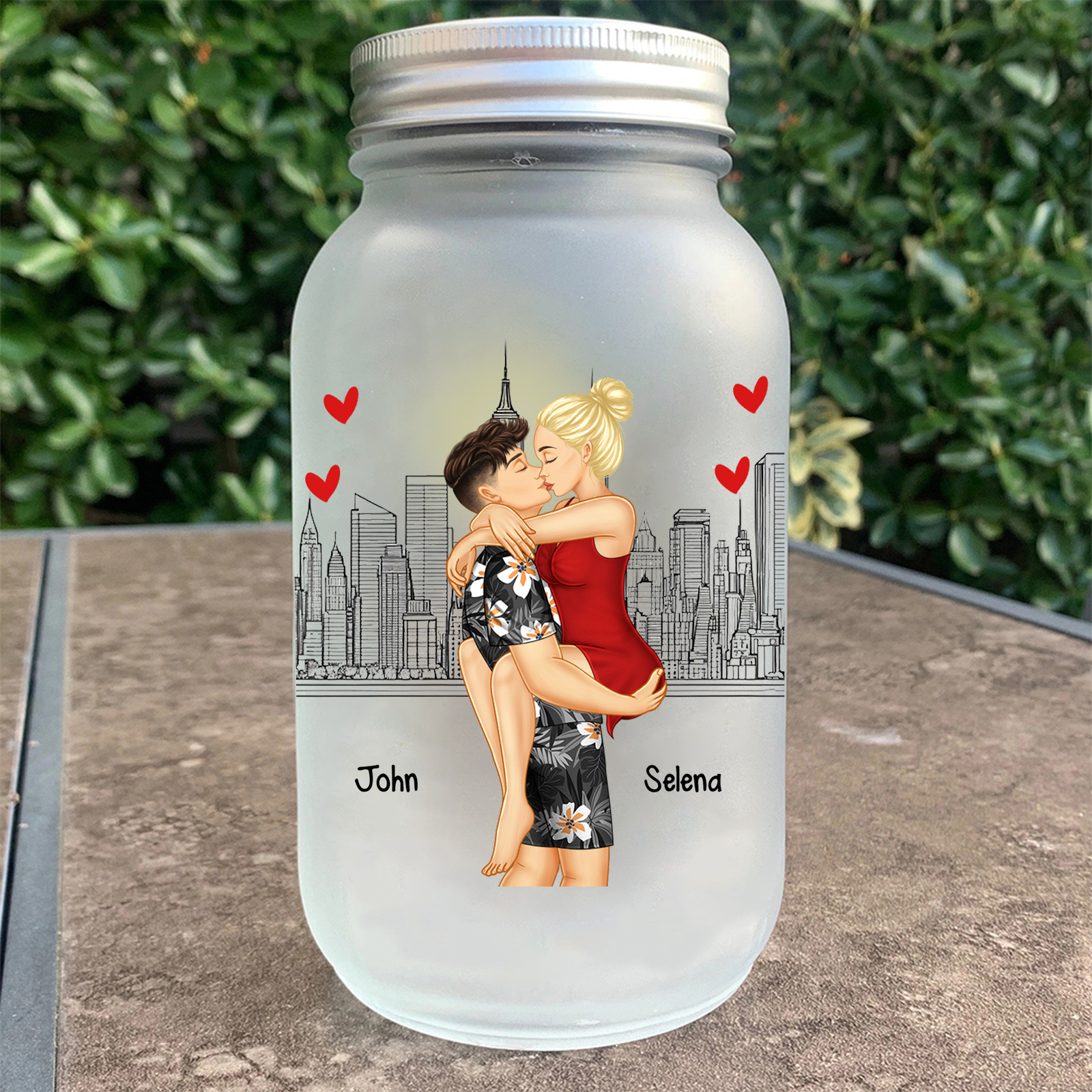 Barattolo Luminosa Personalizzata con Coppia che si Bacia e Nomi - Barattolo di Vetro a LED con Design Unico - Regalo di Natale per Lui o Lei | Jessemade