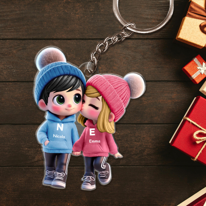 Portachiavi Personalizzato con Coppia Cartoon, 2 Nomi, Iniziali e Personaggi - Regalo di San Valentino per Lei/Lui | Jessemade
