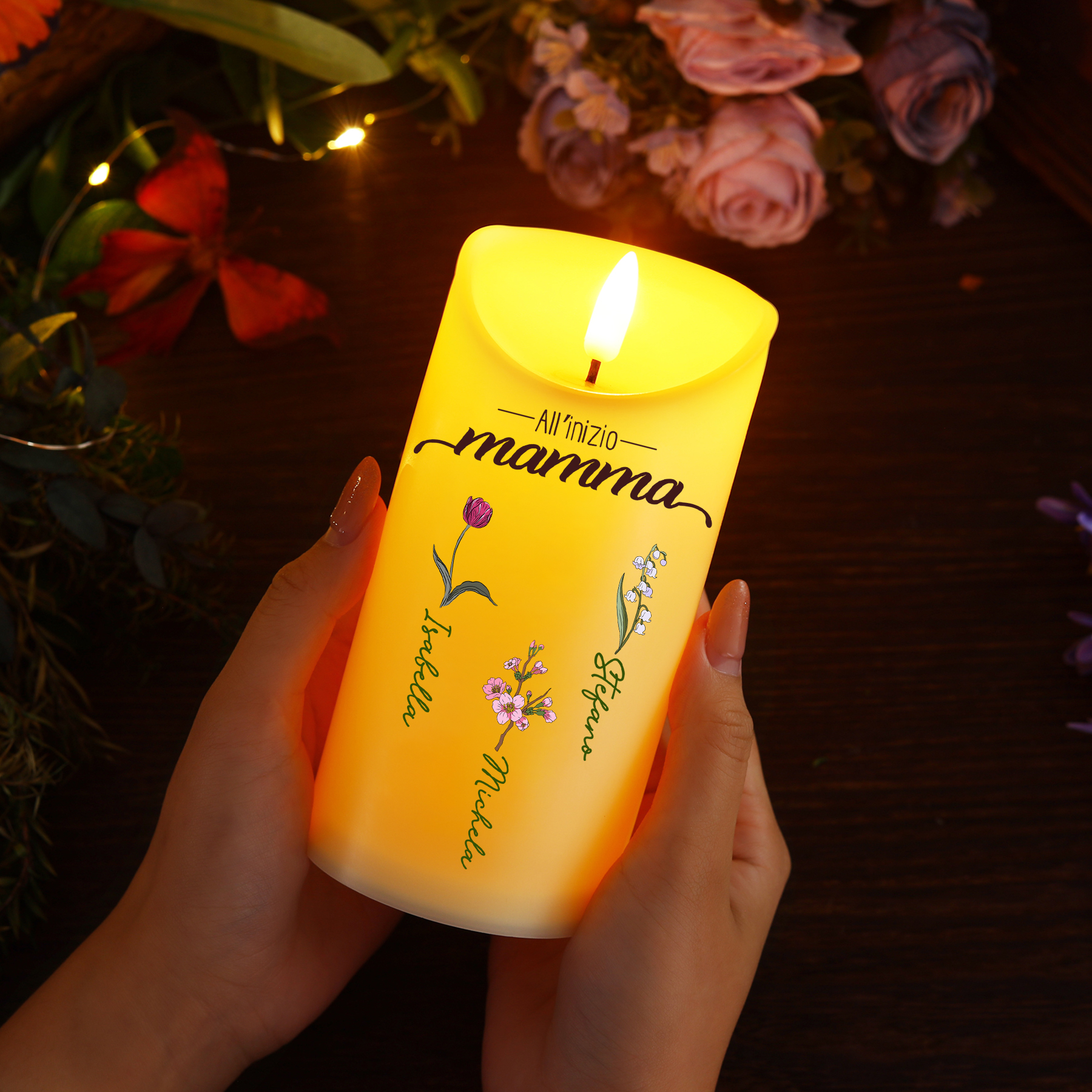Candela LED Personalizzata con i Fiori di Nascita – Regalo Commemorativo per Mamma | Jessemade