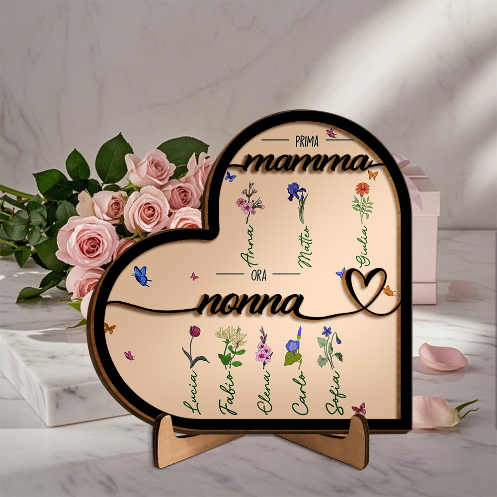 Oggetto decorativo in legno a forma di cuore personalizzabile - Con nome e fiore del mese di nascita - Regalo per la Festa della Mamma