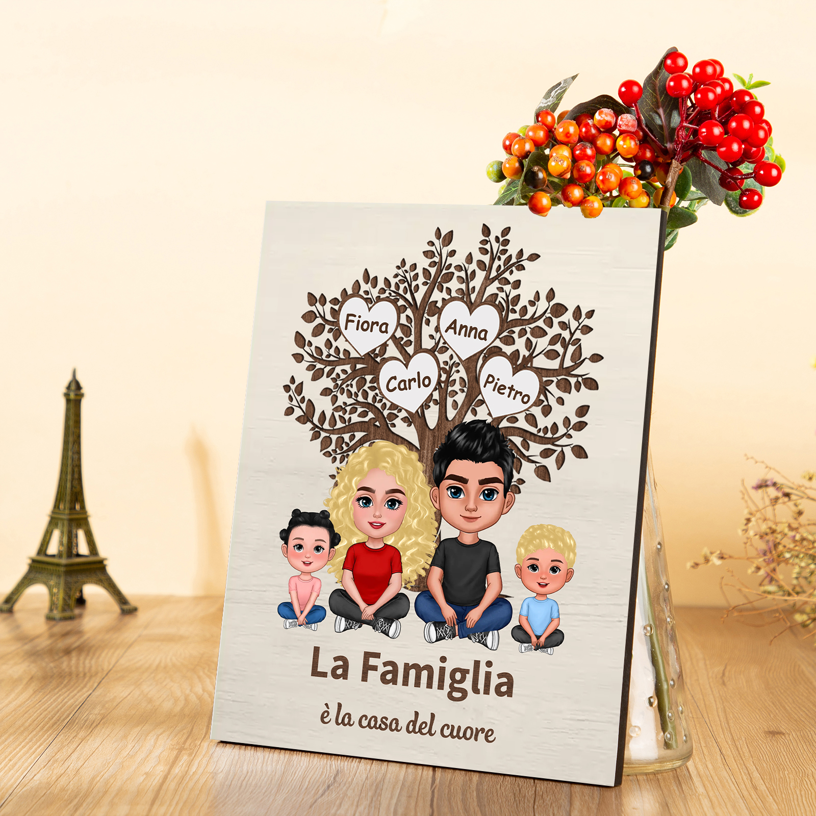 Dipinto personalizzato con albero genealogico - 2-7 nomi e personaggi personalizzati - Decorazioni in legno squisite per la mamma