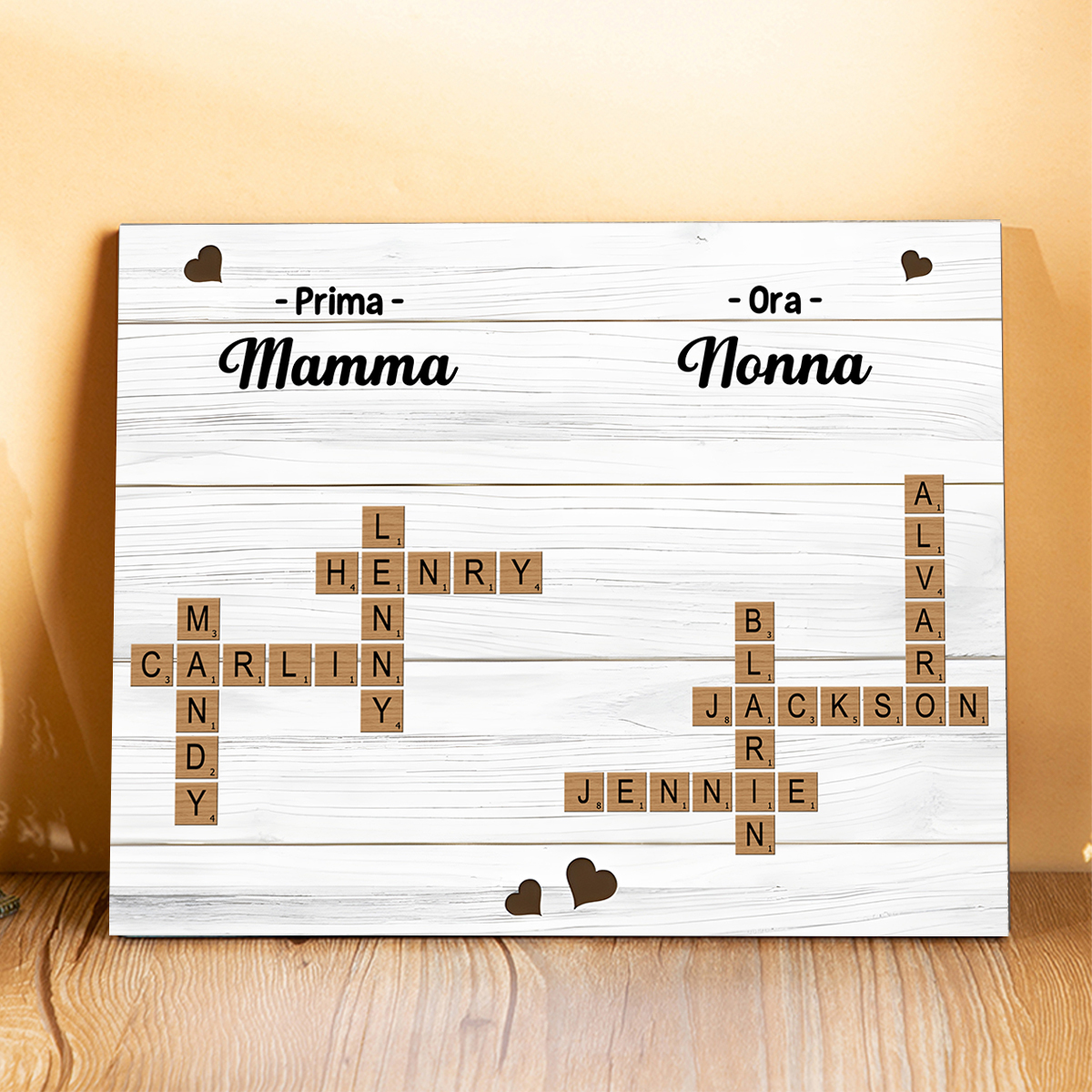 Targa in legno personalizzata, regalo di famiglia con cruciverba, ricordo per la nonna