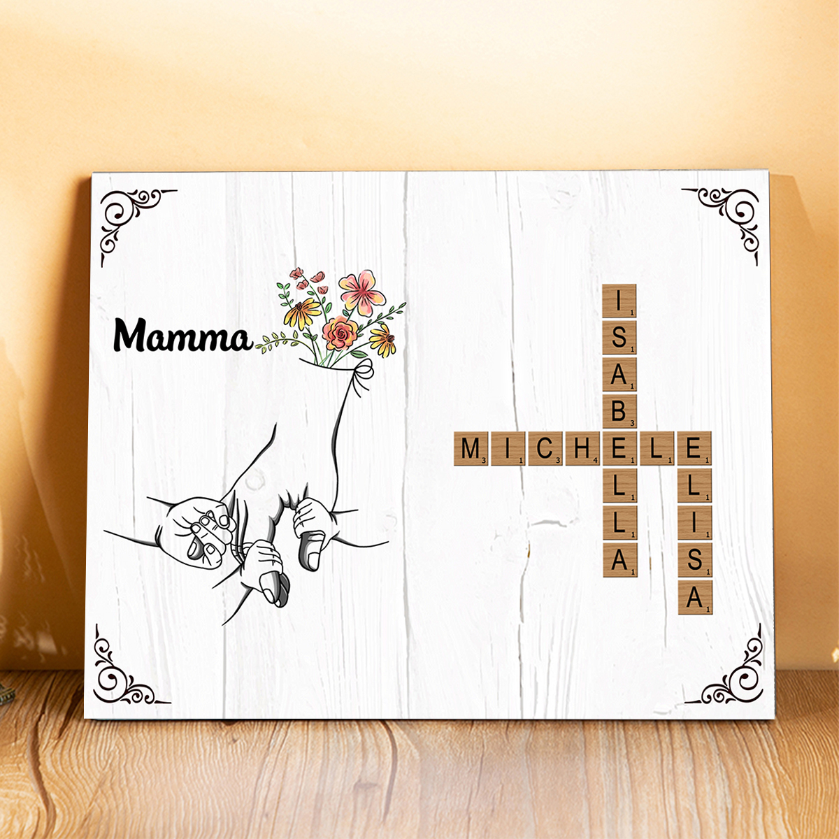 Targa Legno Personalizzata con Nomi e Mani – Regalo Commovente per la Festa della Mamma