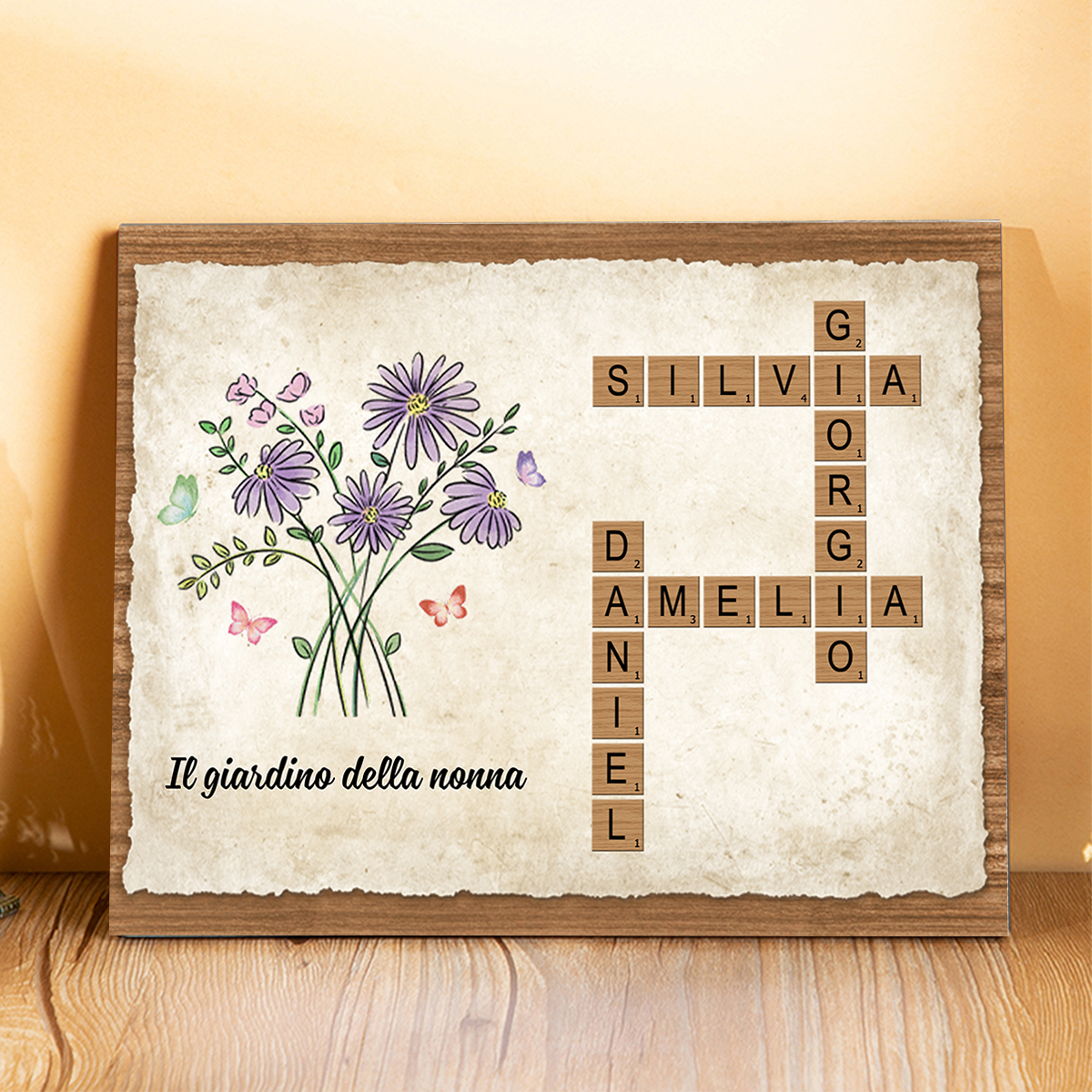 Targa in Legno Personalizzata – Nomi e Fiori di Nascita – Tema Cruciverba – Idea Regalo per la Nonna o Festa della Mamma