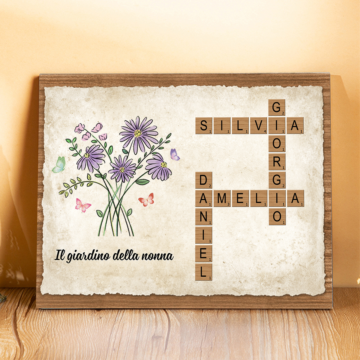 Targa in Legno Personalizzata – Nomi e Fiori di Nascita – Tema Cruciverba – Idea Regalo per la Nonna o Festa della Mamma