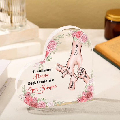 Decorazione Acrilica a Forma di Cuore Mano nella Mano Personalizzata – 4 Nomi e Testo per Nonna o Mamma | Jessemade