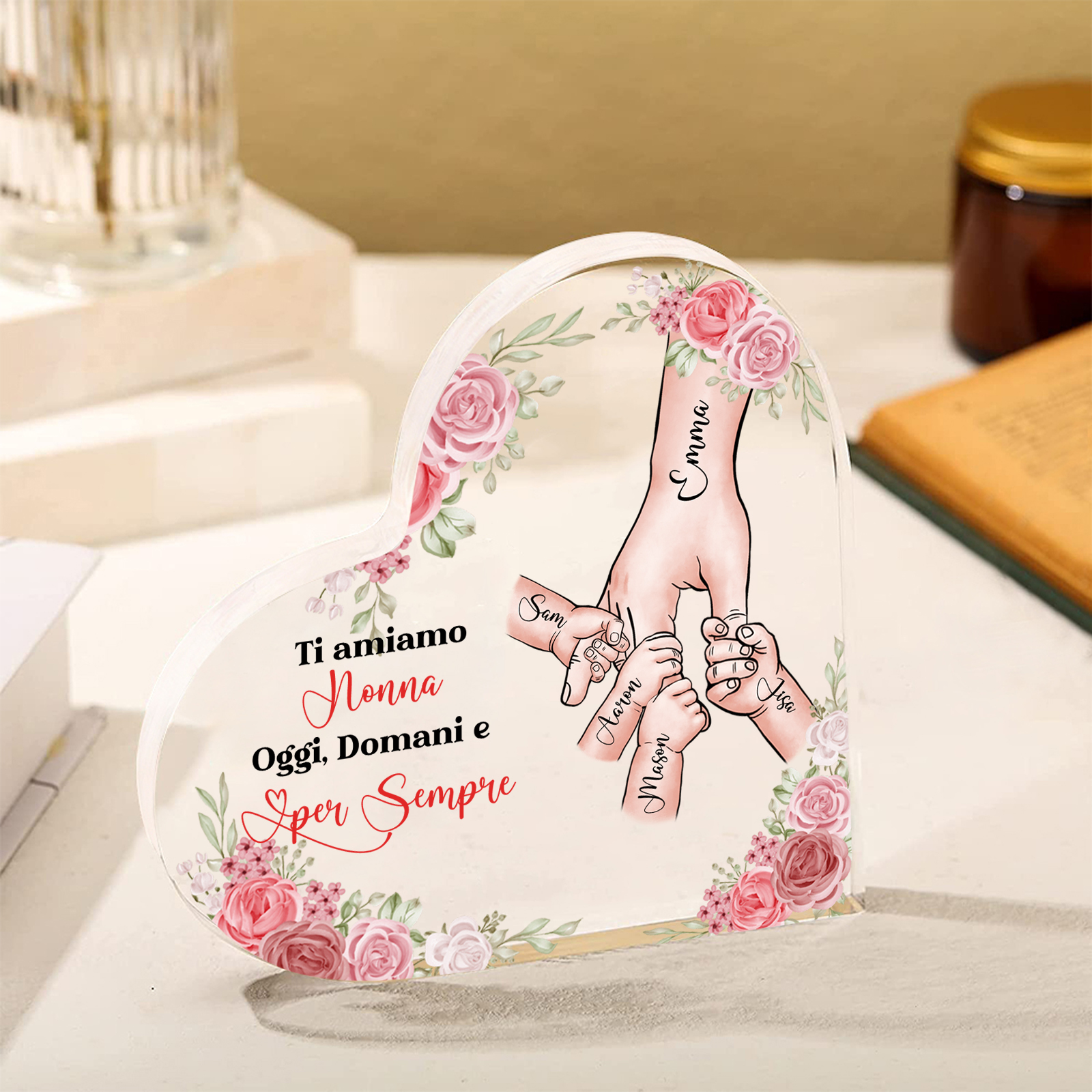Decorazione Acrilica a Forma di Cuore Mano nella Mano Personalizzata – 5 Nomi e Testo per Nonna o Mamma | Jessemade