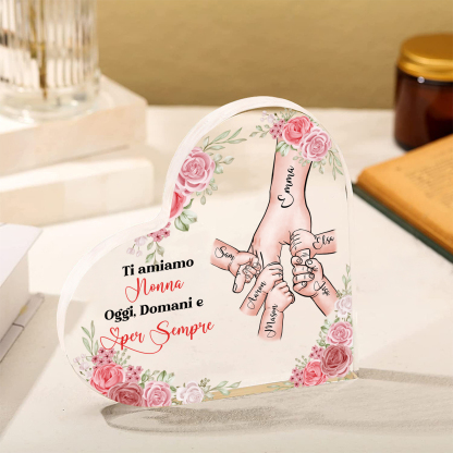 Decorazione Acrilica a Forma di Cuore Mano nella Mano Personalizzata – 6 Nomi e Testo per Nonna o Mamma | Jessemade