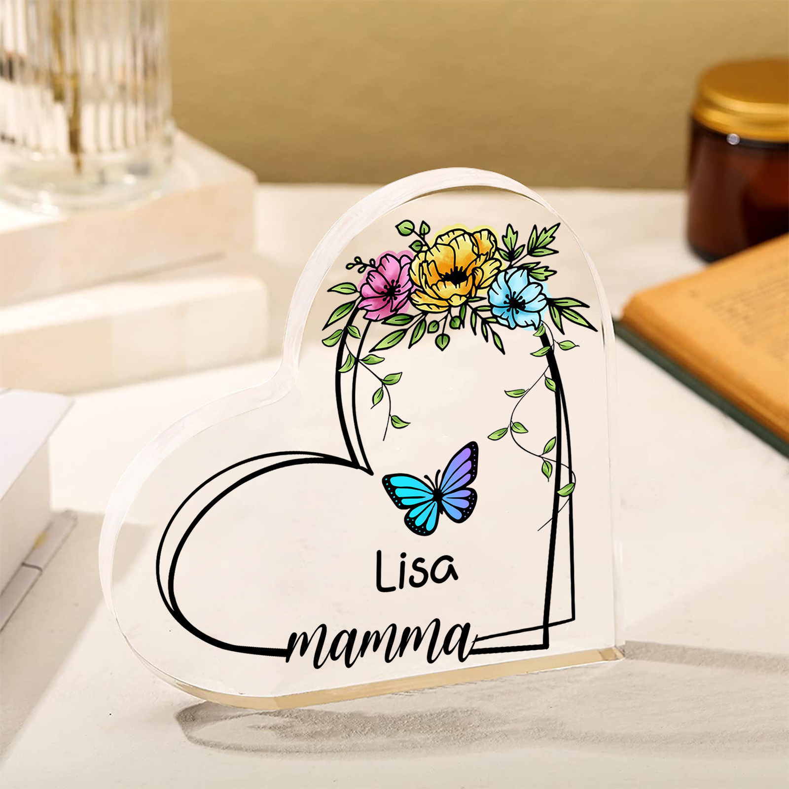 Decorazione Acrilica a Forma di Cuore Personalizzata con Farfalla – 1 Nome e Testo per Nonna o Mamma | Jessemade