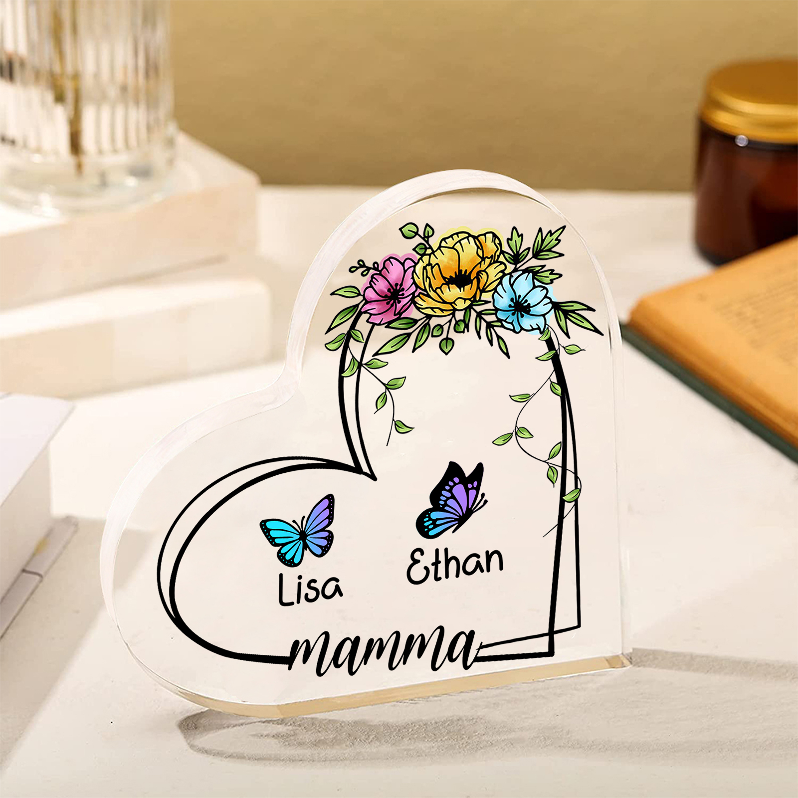 Decorazione Acrilica a Forma di Cuore Personalizzata con Farfalla – 2 Nomi e Testo per Nonna o Mamma | Jessemade