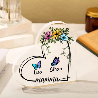 Decorazione Acrilica a Forma di Cuore Personalizzata con Farfalla – 2 Nomi e Testo per Nonna o Mamma | Jessemade