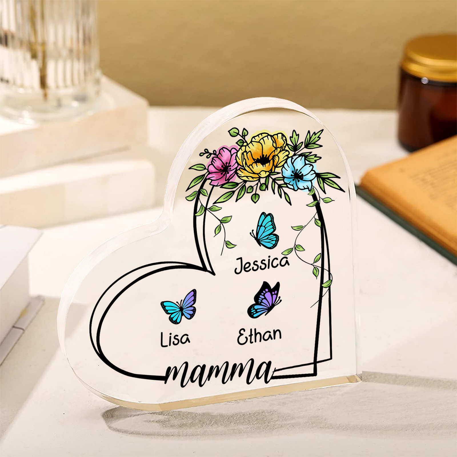 Decorazione Acrilica a Forma di Cuore Personalizzata con Farfalla – 3 Nomi e Testo per Nonna o Mamma | Jessemade