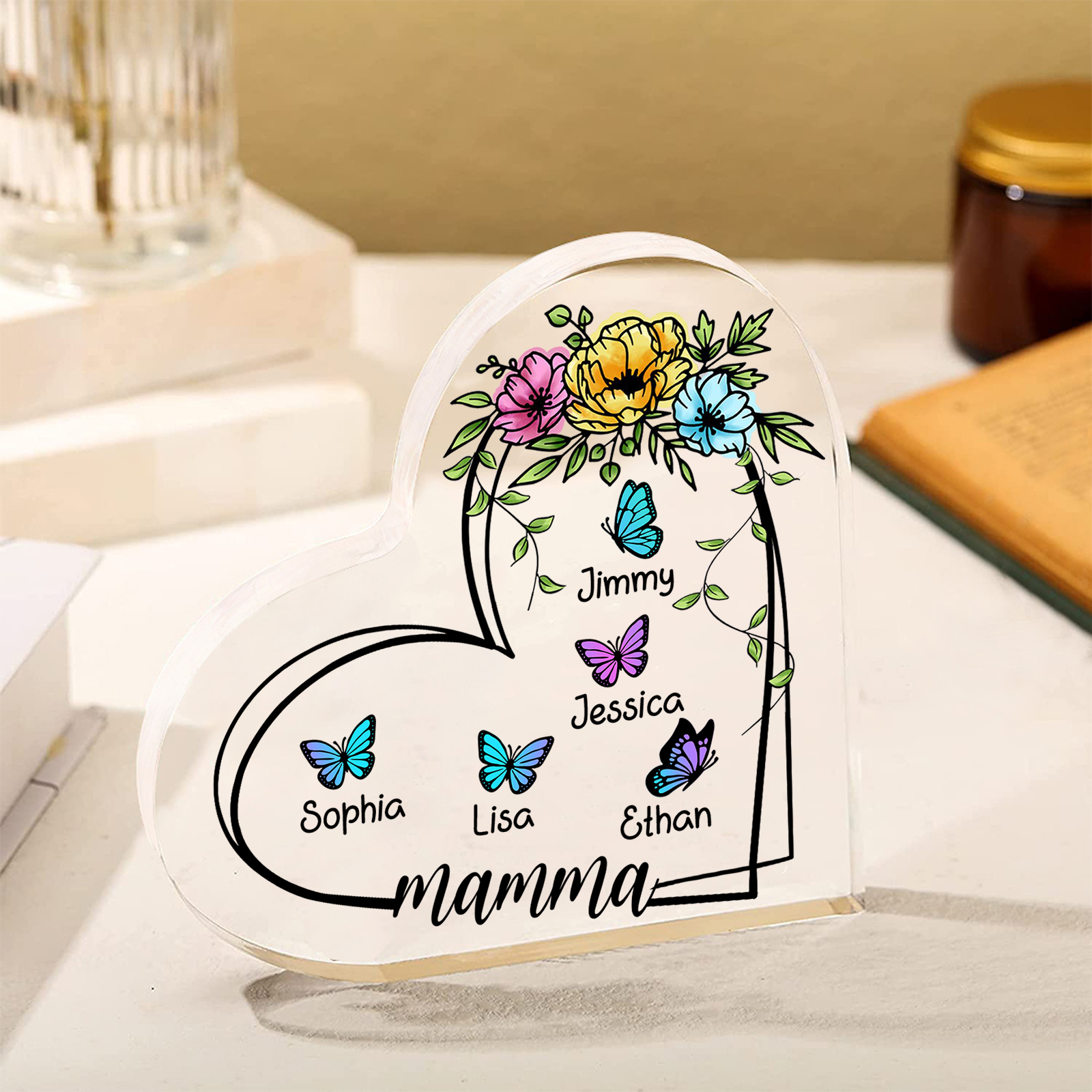 Decorazione Acrilica a Forma di Cuore Personalizzata con Farfalla – 5 Nomi e Testo per Nonna o Mamma | Jessemade