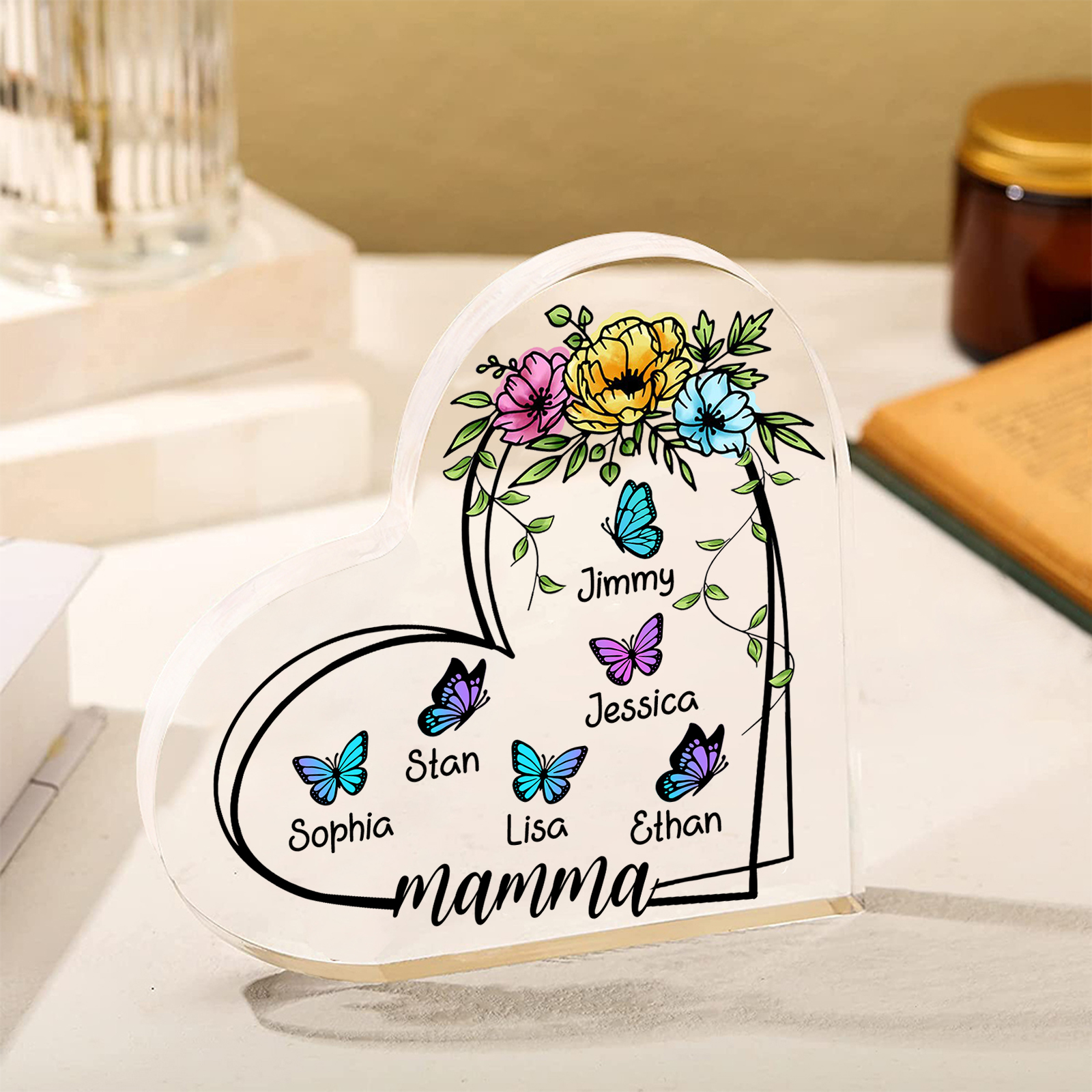 Decorazione Acrilica a Forma di Cuore Personalizzata con Farfalla – 6 Nomi e Testo per Nonna o Mamma | Jessemade