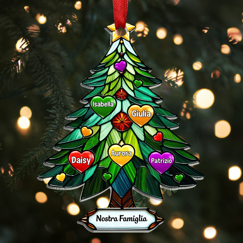 Nostra Famiglia-Portachiavi/Pendente acrilico albero di Natale con cuore e nomi personalizzati regalo per famiglia
