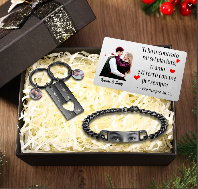 Set Regalo Personalizzato Portachiavi & Bracciale – 2 Portachiavi Incisi, Bracciale con Foto, e Carta con Foto e Nomi per Coppia | Jessemade