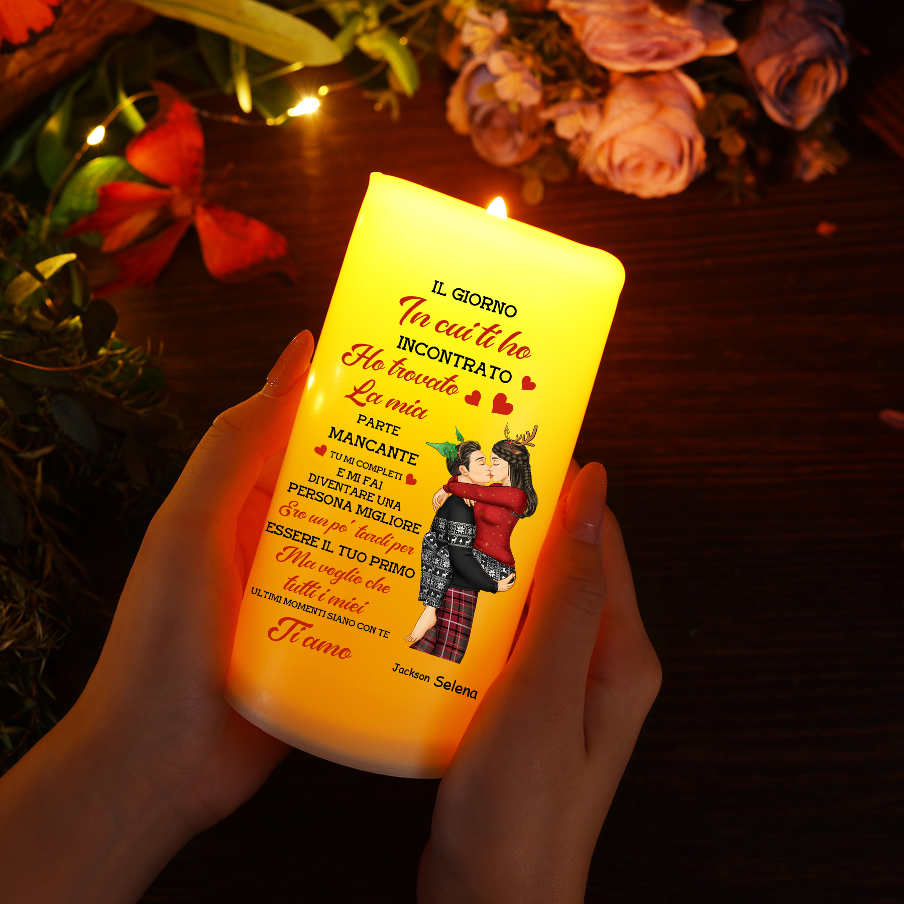 Candela LED Personalizzata con Coppia, 2 Nomi e Messaggio Romantico - "Il Giorno in cui ti ho incontrato ho trovato la mia parte mancante" - Regalo di San Valentino per Lei/Lui | Jessemade