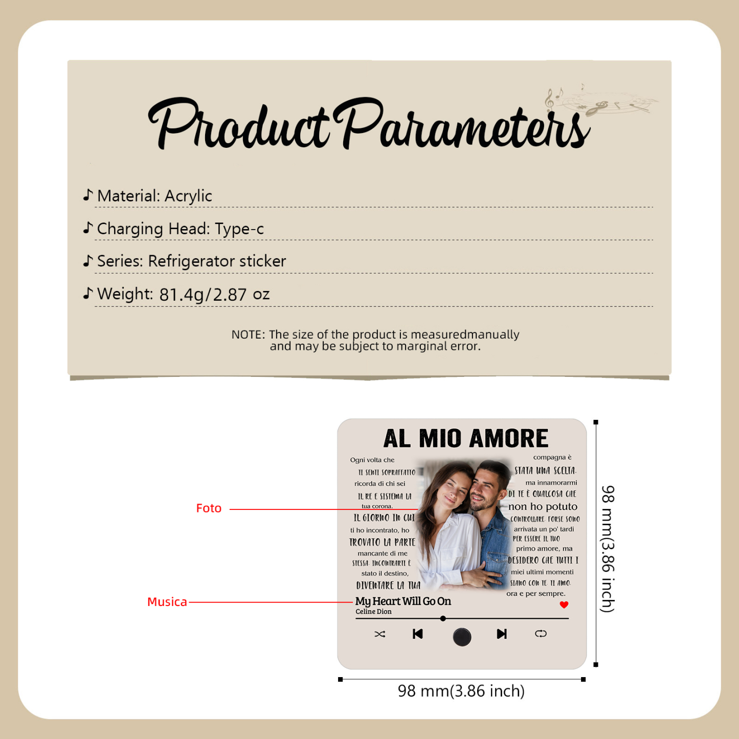 Magnete da Frigorifero Musicale Personalizzato - Con 1 Foto e 1 Canzone, Design "Al Mio Amore" - Regalo di San Valentino per Lei/Lui | Jessemade