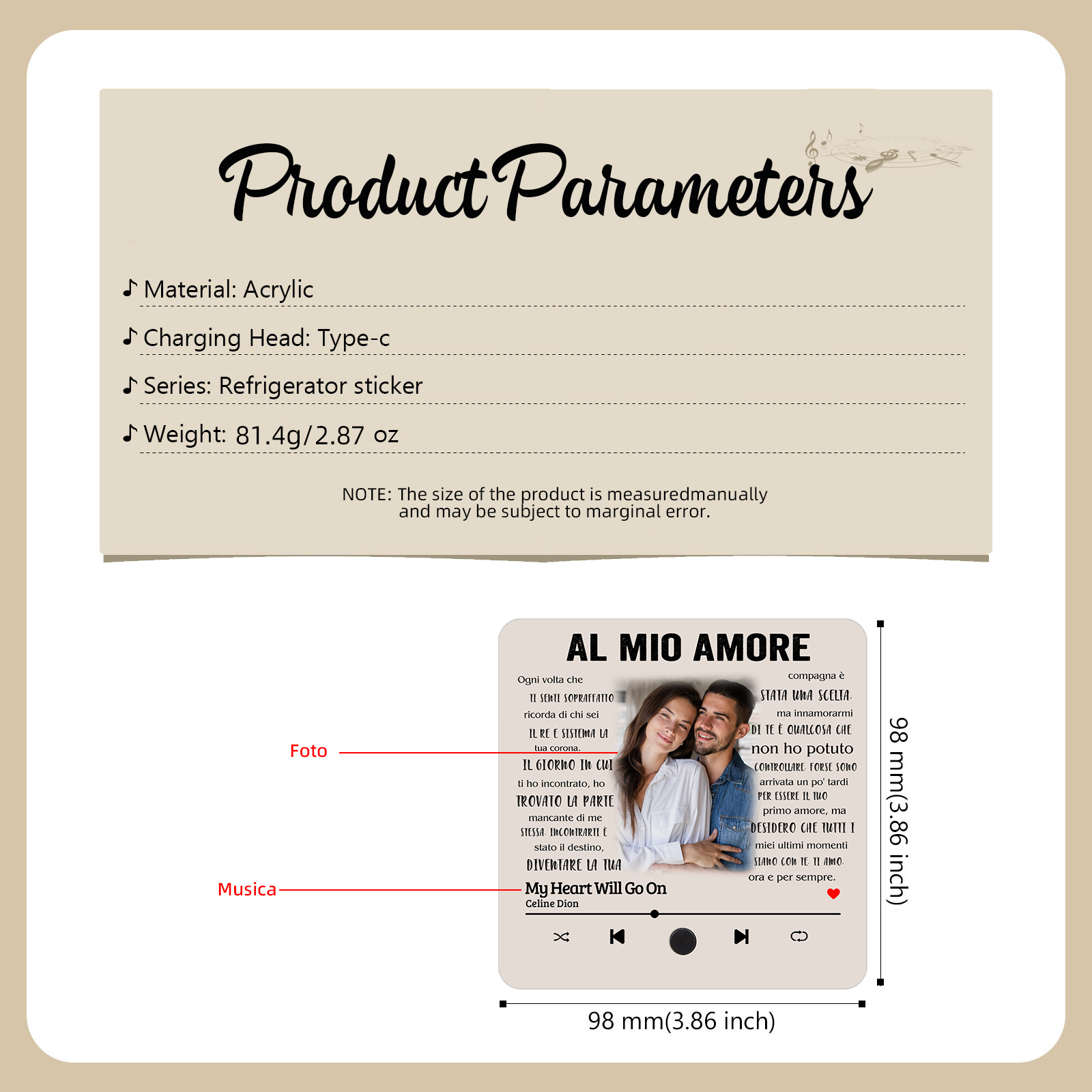 Magnete da Frigorifero Musicale Personalizzato - Con 1 Foto e 1 Canzone, Design "Al Mio Amore" - Regalo di San Valentino per Lei/Lui | Jessemade